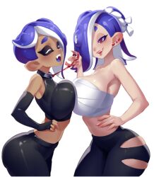 Rule 34 | 2girls, ass, bandages around chest, bare shoulders, breast press, breasts, censored, closed eyes, crop top, ear piercing, femdom, from side, large breasts, leash, leash pull, little blood, multiple girls, nintendo, octoling player character, one eye covered, pants, piercing, red eyes, shiver (splatoon), sleeveless, splatoon (series), splatoon 3, symmetrical docking, tentacle hair, yuri