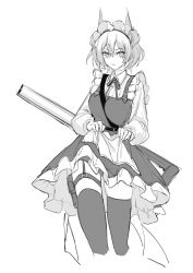 Rule 34 | 1girl, absurdres, alternate costume, apron, apron hold, arknights, between breasts, breasts, closed mouth, cropped legs, dress, enmaided, feather hair, fiammetta (arknights), greyscale, gun, highres, long sleeves, looking at viewer, luren max, maid, maid headdress, medium breasts, monochrome, neck ribbon, panties, pantyshot, ribbon, shirt, short hair, sketch, solo, strap between breasts, thigh strap, thighhighs, underwear, upskirt, waist apron, weapon, weapon on back