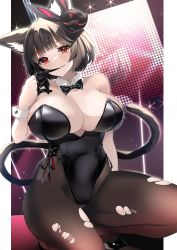 Rule 34 | 1girl, absurdres, animal ear fluff, animal ears, azur lane, bare shoulders, black bow, black bowtie, black gloves, black hair, black leotard, black pantyhose, bow, bowtie, breasts, cat ears, cat mask, covered navel, detached collar, gloves, high heels, highres, large breasts, leotard, lights, looking at viewer, mask, mask on head, mismatched eyebrows, pantyhose, playboy bunny, pole dancing, red eyes, solo, strapless, strapless leotard, torn clothes, wrist cuffs, yamaha tsui, yamashiro (azur lane), yamashiro (meta) (azur lane)