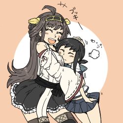 Rule 34 | +++, 10s, 2girls, ahoge, bare shoulders, black hair, boots, brown hair, detached sleeves, double bun, closed eyes, fubuki (kancolle), hairband, hamoya, japanese clothes, kantai collection, kongou (kancolle), long hair, low ponytail, lowres, military, military uniform, multiple girls, naval uniform, nontraditional miko, open mouth, pleated skirt, ponytail, ribbon-trimmed sleeves, ribbon trim, school uniform, serafuku, short ponytail, sidelocks, skirt, thigh boots, thighhighs, uniform