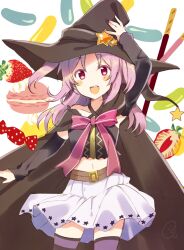 Rule 34 | 1girl, :d, absurdres, arm warmers, belt, black cape, black hat, black shirt, black sleeves, blush, brown belt, candy, cape, crop top, detached sleeves, food, fruit, fujishiro emyu, hat, highres, looking at viewer, macaron, magia record: mahou shoujo madoka magica gaiden, magical girl, mahou shoujo madoka magica, midriff, miniskirt, misono karin, navel, open mouth, parted bangs, pink ribbon, pleated skirt, pocky, print skirt, red eyes, ribbon, shirt, skirt, smile, solo, star (symbol), star print, strawberry, thighhighs, two side up, white skirt, witch hat, yellow gemstone