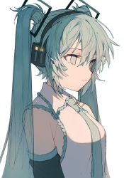 Rule 34 | 1girl, absurdres, aqua eyes, aqua hair, aqua necktie, closed mouth, commentary request, deep (deep4946), detached sleeves, expressionless, grey shirt, hatsune miku, headphones, highres, long hair, necktie, shirt, simple background, sleeveless, sleeveless shirt, solo, twintails, upper body, vocaloid