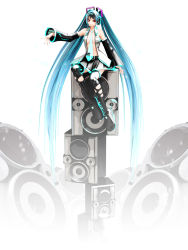 Rule 34 | 1girl, 3d, absurdres, aqua hair, boots, deino (deino3330), detached sleeves, hatsune miku, headset, highres, long hair, necktie, red eyes, sitting, skirt, solo, speaker, thigh boots, thighhighs, torn clothes, torn thighhighs, twintails, very long hair, vocaloid, zettai ryouiki