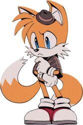 Rule 34 | 1boy, animal ears, animal nose, blue eyes, body fur, brown capelet, brown hat, capelet, child, closed mouth, digimin, fedora, fox boy, fox ears, fox tail, full body, furry, furry male, gloves, hand on own chin, hand up, hat, looking down, male focus, mini hat, multiple tails, non-web source, official art, plaid capelet, red footwear, shoes, simple background, socks, solo, sonic (series), standing, stroking own chin, tail, tails (sonic), the murder of sonic the hedgehog, thinking, transparent background, two-tone fur, two tails, uneven eyes, white fur, white gloves, white socks, yellow fur