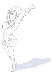 Rule 34 | 10s, 1girl, arm behind head, arms up, boots, breasts, commentary request, full body, girls und panzer, greyscale, hand on own elbow, ikeshita moyuko, looking at viewer, miniskirt, monochrome, nishizumi miho, school uniform, shadow, short hair, simple background, sketch, skirt, solo, stretching, translation request