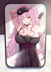 Rule 34 | 1girl, ;o, armpits, arms up, black choker, black nightgown, breasts, choker, cleavage, collarbone, earrings, female pov, hair in own mouth, hair ornament, hair scrunchie, highres, hololive, hololive english, jewelry, large breasts, long hair, looking at viewer, messy hair, mirror, mori calliope, mori calliope (sleepwear), nightgown, nolmo, one eye closed, one side up, open mouth, pink eyes, pov, reflection, scrunchie, skull earrings, sleep mask, sleepwear, solo, strap slip, tying hair, very long hair, virtual youtuber