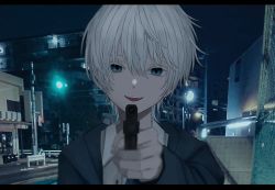 Rule 34 | 1boy, bench, blue eyes, blurry, blurry background, building, chain-link fence, cross, cross earrings, earrings, fence, fingernails, gun, hair between eyes, highres, holding, holding gun, holding weapon, jewelry, lamppost, looking at viewer, male focus, night, open mouth, original, outdoors, ozx x0, pointing weapon, solo, teeth, tiles, upper body, upper teeth only, utility pole, weapon, white hair