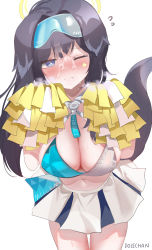 Rule 34 | 1girl, absurdres, animal ears, artist name, bare shoulders, black hair, blue archive, blue eyes, blush, breasts, bright pupils, cheerleader, cleavage, collarbone, cowboy shot, crop top, cum, dog ears, dog girl, dolechan, facial, from above, goggles, goggles on head, halo, halterneck, hands up, hibiki (blue archive), hibiki (cheer squad) (blue archive), highres, jitome, large breasts, leaning forward, looking at viewer, midriff, millennium cheerleader outfit (blue archive), one eye closed, pom pom (cheerleading), ponytail, simple background, solo, steam, sweat, tail, thigh gap, white background