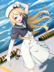 Rule 34 | 1girl, blonde hair, blue eyes, blue sailor collar, commentary request, dress, feet out of frame, gloves, hat, highres, holding, holding clothes, holding hat, jervis (kancolle), kantai collection, long hair, looking at viewer, mary janes, open mouth, pier, sailor collar, sailor dress, sailor hat, shingyou (alexander-13), shoes, short sleeves, smile, solo, standing, standing on one leg, water, white dress, white gloves, white hat
