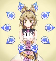 Rule 34 | 1girl, akizuki haruhi, bare arms, bare shoulders, belt, bracelet, brown eyes, closed mouth, commentary request, earmuffs, hands up, jewelry, light brown hair, looking at viewer, pointy hair, simple background, smile, solo, star (symbol), touhou, toyosatomimi no miko, yellow background