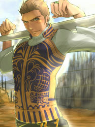 Rule 34 | 00s, 1boy, balflear, blue eyes, brown hair, dress shirt, earrings, final fantasy, final fantasy xii, jewelry, looking at viewer, male focus, masapeko, over shoulder, ring, shirt, solo, vest, weapon, weapon over shoulder