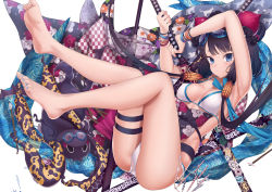 Rule 34 | 1girl, absurdres, animal, arms up, bare legs, barefoot, bikini, black hair, blue eyes, blue nails, breasts, closed mouth, fate/grand order, fate (series), feet, fingernails, floral print, hair ornament, highres, holding, holding sword, holding weapon, katana, katsushika hokusai (fate), katsushika hokusai (swimsuit saber) (fate), legs up, long hair, low twintails, medium breasts, nail polish, octopus, sheath, sheathed, simple background, swimsuit, sword, tentacles, thigh strap, tokitarou (fate), twintails, very long hair, weapon, white background, white bikini, xo (xo17800108)