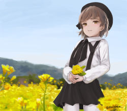 Rule 34 | 1girl, bad id, bad pixiv id, beret, black hat, black ribbon, black skirt, blue sky, blush, brown eyes, brown hair, collared shirt, commentary request, cowboy shot, day, field, fingernails, flower, flower field, goldowl, hat, hatoba tsugu, highres, holding, holding flower, long sleeves, looking at viewer, mole, mole under eye, outdoors, pantyhose, parted lips, ribbon, shirt, skirt, sky, smile, solo, suspender skirt, suspenders, twitter username, virtual youtuber, white pantyhose, white shirt, yellow flower