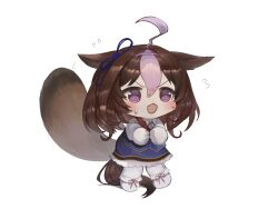 Rule 34 | 1girl, @ @, ahoge, animal ears, blue sky, blush, brown hair, chibi, collared shirt, dokomon, extra tails, flying sweatdrops, full body, gloves, hair between eyes, highres, horse ears, horse girl, horse tail, meisho doto (umamusume), multicolored hair, open mouth, pantyhose, purple eyes, raccoon tail, shirt, shoes, simple background, sky, solo, standing, streaked hair, sweat, tail, umamusume, v-shaped eyebrows, white background, white footwear, white gloves, white hair, white pantyhose, white shirt
