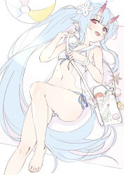 Rule 34 | 1girl, absurdres, bag, ball, barefoot, beachball, bikini, blue archive, blue bikini, blue hair, blue halo, chise (blue archive), chise (swimsuit) (blue archive), commentary request, double-parted bangs, feet, gradient horns, hair between eyes, halo, highres, horns, knee up, long hair, looking at viewer, lotion, lotion bottle, lying, multicolored horns, navel, official alternate costume, official alternate hairstyle, on back, open mouth, pointy ears, red eyes, red horns, sailor bikini, sailor collar, see-through, see-through shirt, shoulder bag, side-tie bikini bottom, skin-covered horns, smile, solo, starfish, stomach, striped bikini, striped clothes, sunscreen, swimsuit, thighs, tibaridooor, transparent bag, very long hair, white sailor collar