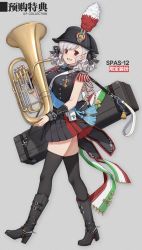 Rule 34 | 1girl, boots, character name, curly hair, full body, girls&#039; frontline, grey hair, hat, high heel boots, high heels, highres, instrument, italian flag, medal, military, military hat, military uniform, official alternate costume, official art, red eyes, skirt, solo, spas-12 (girls&#039; frontline), spas-12 (marching band) (girls&#039; frontline), terras, thick thighs, thighhighs, thighs, tricorne, tuba, uniform, weapon case, zettai ryouiki