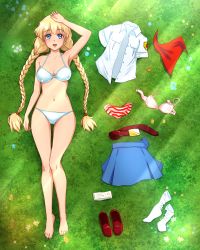 Rule 34 | 1girl, :d, arm up, bare arms, bare legs, bare shoulders, barefoot, belt, bikini, blonde hair, blue skirt, bra, braid, breasts, brown footwear, collarbone, commentary, day, everlasting summer, feet, flower, from above, full body, gluteal fold, highres, huyase, legs, long braid, long hair, looking at viewer, looking up, lying, medium breasts, navel, on ground, open mouth, outdoors, panties, pink bra, russian commentary, shoes, short sleeves, skirt, slavya-chan, smile, socks, solo, striped clothes, striped panties, sunlight, swimsuit, thigh gap, twin braids, twintails, underwear, unworn belt, unworn bra, unworn clothes, unworn panties, unworn shirt, unworn shoes, unworn skirt, unworn socks, very long hair, white bikini, white socks