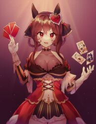 Rule 34 | 1girl, absurdres, animal ears, bare shoulders, black dress, breasts, brown hair, card, cleavage, corset, cynthia (uuzz5324), detached sleeves, dress, ear covers, gentildonna (umamusume), gloves, gold ship (umamusume), hair rings, highres, holding, holding card, horse ears, large breasts, long hair, looking at viewer, open mouth, orfevre (umamusume), playing card, red eyes, sleeveless, sleeveless dress, smile, solo, spotlight, standing, umamusume, upper body, verxina (umamusume), white gloves