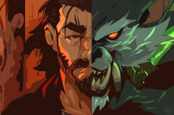 Rule 34 | 2boys, absurdres, arcane: league of legends, beard, blnk, body fur, brown hair, closed mouth, colored sclera, commentary, commission, english commentary, facial hair, fangs, full beard, green background, green theme, grey fur, hair slicked back, highres, league of legends, looking at viewer, multiple boys, red background, red sclera, red theme, scar, scar on face, sharp teeth, short hair, split, split screen, spoilers, teeth, thick eyebrows, vander (arcane), warwick, werewolf, yellow eyes