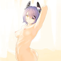 Rule 34 | 10s, 1girl, arm up, armpits, ass, breasts, eyepatch, headgear, highres, kanamura will, kantai collection, looking at viewer, nipples, nude, purple hair, short hair, simple background, solo, tenryuu (kancolle), white background, yellow eyes