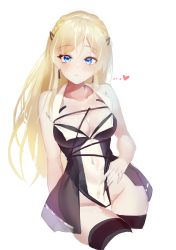Rule 34 | 1girl, alternate costume, bad id, bad pixiv id, blonde hair, blue eyes, blush, braid, breasts, cleavage, closed mouth, collarbone, dano, earrings, french braid, girls&#039; frontline, heart, heart print, highres, jewelry, k5 (girls&#039; frontline), long hair, looking at viewer, medium breasts, one-hour drawing challenge, solo, thighhighs, white background