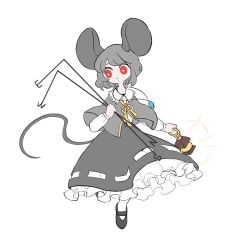 Rule 34 | 1girl, animal ears, black footwear, capelet, frills, grey capelet, grey hair, grey skirt, highres, holding, holding lantern, kyo (user uwff4345), lantern, long sleeves, mouse ears, mouse girl, mouse tail, nazrin, no nose, red eyes, shirt, shoes, short hair, simple background, skirt, solo, tail, touhou, white background, white shirt