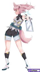 Rule 34 | 1girl, absurdres, animal ears, armor, bellcraw, cosplay request, fox girl, fox tail, highres, honkai: star rail, honkai (series), indie virtual youtuber, kitsune, layuux, magic, non-web source, pink hair, solo, tail, twintails, twitch logo, twitch username, virtual youtuber