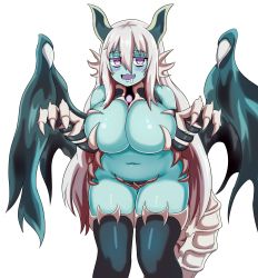 Rule 34 | 1girl, :3, :d, animal hands, aqua skin, bare shoulders, belly, black thighhighs, blush, breasts, claws, colored eyelashes, colored tongue, commentary, curvy, dragon, dragon girl, dragon wings, dragon zombie (monster girl encyclopedia), drooling, english commentary, fang, hair between eyes, highres, horns, huge breasts, jitome, long hair, looking at viewer, monster girl, monster girl encyclopedia, monster girl encyclopedia ii, nav (itsnav), navel, open mouth, plump, purple eyes, purple tongue, simple background, smile, solo, tail, thigh gap, thighhighs, undead, very long hair, white background, white hair, wings, zombie, zombie girl