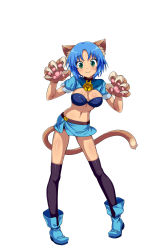Rule 34 | 1girl, absurdres, animal ears, animal hands, bell, black thighhighs, blue hair, cat ears, cat tail, claws, collar, full body, gloves, green eyes, highres, i guruma star, jingle bell, ket sea, looking at viewer, official art, paw gloves, short hair, short sleeves, simple background, skirt, smile, solo, tail, thighhighs, waguruma!, white background