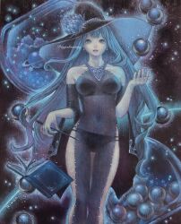 Rule 34 | 1girl, black dress, black hat, black panties, blue eyes, blue hair, book, breasts, commentary request, covered navel, detached sleeves, dress, earrings, feet out of frame, floating, floating book, floating object, flower, hat, hat flower, highres, holding, holding wand, jewelry, long hair, magic, medium breasts, necklace, oil painting (medium), orb, original, painting (medium), panties, parted lips, ringodrawing, see-through, see-through dress, side slit, solo, star (symbol), thigh gap, traditional media, underwear, very long hair, wand, witch, witch hat