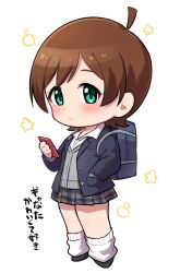 Rule 34 | 1girl, ahoge, black footwear, black jacket, black skirt, blush, brown hair, checkered clothes, checkered skirt, chibi, dot nose, expressionless, green eyes, grey vest, hand in pocket, highres, holding, holding phone, idolmaster, idolmaster million live!, jacket, kinoshita hinata, legs, long sleeves, looking at viewer, ngetyan, open clothes, open jacket, phone, pleated skirt, school uniform, shirt, short hair, skirt, solo, standing, translation request, vest, white background, white leg warmers, white shirt