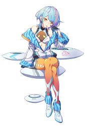 Rule 34 | 1girl, :p, blue hair, boots, earrings, finger to cheek, full body, gloves, highres, jewelry, jinyuan712, leggings, long sleeves, multicolored hair, original, pantyhose, short hair, sitting, solo, streaked hair, tongue, tongue out, transparent background, two-tone hair, white background, wide sleeves, yellow eyes