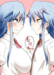 Rule 34 | 2girls, alternate breast size, anger vein, angry, asymmetrical docking, blue hair, blush, breast envy, breast press, breasts, commentary request, dual persona, eye contact, face-to-face, flat chest, heart, hinanawi tenshi, large breasts, long hair, looking at another, multiple girls, red eyes, shirt, sweat, takorice, touhou, translation request, wavy mouth