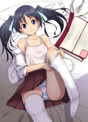 Rule 34 | 1girl, blue eyes, blue hair, character request, gustav (telomere na), long hair, lying, matching hair/eyes, on back, panties, sock pull, solo, striped clothes, striped panties, thighhighs, twintails, underwear