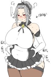 Rule 34 | 1girl, 41 (taskmaster41), bare shoulders, belly grab, blush, breasts, glasses, grey hair, highres, huge breasts, labiata (last origin), large breasts, last origin, maid headdress, plump, red eyes, skirt, smile, solo, sweat, thick thighs, thighhighs, thighs