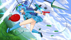 Rule 34 | 1girl, aircraft, backpack, bag, balloon, between breasts, blue eyes, blue hair, blue sky, boots, breasts, bullet, cloud, cloudy sky, combination wrench, day, dress, drill, flying, goggles, goggles around neck, gun, hair bobbles, hair ornament, handgun, hat, headset, helicopter, highres, kawashiro nitori, key, looking back, matching hair/eyes, medium breasts, missile, mountain, no panties, open mouth, pocket, propeller, river, rock, rubber boots, scenery, shirt, short hair, short sleeves, short twintails, skirt, skirt set, sky, sleeves rolled up, solo, tools, touhou, tsukidaruma, twintails, two side up, upskirt, walkie-talkie, water, water balloon, water gun, weapon, wrench