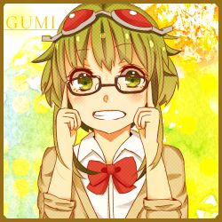 Rule 34 | 1girl, adjusting eyewear, bad id, bad pixiv id, bespectacled, border, bow, bowtie, character name, glasses, goggles, goggles on head, green eyes, green hair, grin, gumi, lowres, matching hair/eyes, moro rabbit, short hair, short hair with long locks, smile, solo, teeth, upper body, vocaloid