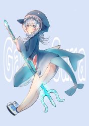 Rule 34 | 1girl, animal, animal hood, animal print, ass, bare legs, between legs, blue hair, blush, character name, fins, fish tail, gawr gura, gawr gura (1st costume), glowing, highres, holding, holding weapon, hololive, hololive english, hood, looking at viewer, no panties, oimo 0imo, polearm, shark, shark hood, shark print, shark tail, smile, tail, trident, virtual youtuber, weapon