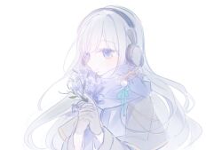 Rule 34 | 1girl, bkornblume, black coat, black gloves, blue eyes, blue flower, blue ribbon, blue scarf, blush, branch, closed mouth, coat, commentary, cornflower, english commentary, flower, gloves, grey hair, headphones, holding, holding flower, long hair, long sleeves, own hands clasped, own hands together, reverse:1999, ribbon, scarf, simple background, smile, solo, white background, y1274ch