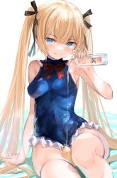 Rule 34 | 1girl, 7gao, azur lane, blonde hair, blue eyes, blue one-piece swimsuit, bottle, bow, bowtie, breasts, commentary request, covered navel, dead or alive, highres, holding, holding bottle, long hair, manjuu (azur lane), marie rose, medium breasts, one-piece swimsuit, red neckwear, simple background, sitting, smile, swimsuit, white background
