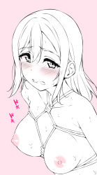 Rule 34 | 1girl, bdsm, blush, breasts, d:, highres, kunikida hanamaru, large breasts, looking at viewer, love live!, monochrome, nipples, nude, open mouth, pink background, pink theme, restrained, shibari, simple background, solo, sweat, upper body, yopparai oni