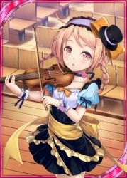 Rule 34 | 1girl, akkijin, black dress, blue ribbon, bow (music), braid, brown eyes, brown hair, card (medium), chair, collarbone, dress, flower, hair ribbon, hat, indoors, instrument, multicolored clothes, multicolored dress, music, official art, pink flower, pink rose, playing instrument, ribbed dress, ribbon, rose, shinkai no valkyrie, solo, twin braids, violin, yellow ribbon