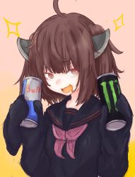 Rule 34 | 1girl, ahoge, black neckerchief, black shirt, brown hair, can, commentary request, drink can, drooling, highres, holding, holding can, looking at viewer, medium hair, messy hair, monster energy, mouth drool, neckerchief, piennamekuzi, pink neckerchief, red bull, red ribbon, ribbon, shirt, sleeves past fingers, sleeves past wrists, smile, soda can, solo, sparkle, touhoku kiritan, uniform, voiceroid
