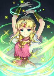 Rule 34 | 1girl, armor, arms up, belt, blonde hair, bracer, circlet, closed mouth, collared shirt, dress, earrings, forehead jewel, gem, gradient background, green background, highres, jewelry, long hair, minamo25, nintendo, parted bangs, pauldrons, pointy ears, princess zelda, red gemstone, shirt, short sleeves, shoulder armor, sidelocks, smile, solo, sparkle, straight hair, super smash bros., tabard, the legend of zelda, the legend of zelda: a link between worlds, the legend of zelda: a link to the past, very long hair, white dress