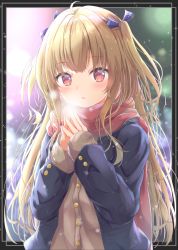 Rule 34 | 1girl, ahoge, black border, blonde hair, blue jacket, blue ribbon, blush, border, breath, breathing on hands, brown cardigan, cardigan, hair ribbon, hands up, highres, jacket, liuliu, long hair, long sleeves, looking at viewer, open clothes, open jacket, original, outside border, parted lips, red eyes, red scarf, ribbon, scarf, school uniform, sleeves past wrists, solo, steepled fingers, two side up, upper body, very long hair