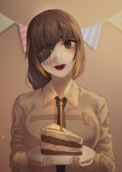 Rule 34 | black necktie, braid, brown eyes, brown hair, cake, eyepatch, food, girls&#039; frontline, happy birthday, highres, holding, long hair, long sleeves, looking at viewer, m16a1 (girls&#039; frontline), mole, mole under eye, multicolored hair, necktie, open mouth, scar, scar on face, shirt, solo, xanax025, yellow shirt