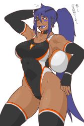 Rule 34 | 1girl, absurdres, ball, beachball, blue eyes, blue hair, breasts, competition swimsuit, eyepatch, fingerless gloves, foxbat (hutago), gloves, hand on own head, highleg, highleg swimsuit, highres, hutago, large breasts, long hair, one-piece swimsuit, original, ponytail, sideboob, sidelocks, solo, swimsuit, text focus, thighhighs, toned, translation request, very long hair
