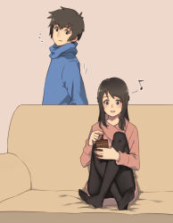 Rule 34 | 1boy, 1girl, aged up, black pantyhose, brown eyes, brown hair, couch, couple, crossed legs, food, hetero, highres, hugging own legs, kimi no na wa., miyamizu mitsuha, musical note, open mouth, pantyhose, pink background, pocky, quaver, simple background, sitting, smile, squidsmith, sweater, tachibana taki
