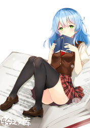 Rule 34 | 1girl, artist request, black thighhighs, blue hair, blush, book, brown vest, closed mouth, full body, green eyes, hairband, highres, loafers, long hair, looking at viewer, open book, original, plaid, plaid skirt, puffy short sleeves, puffy sleeves, school uniform, shoes, short sleeves, sitting, skirt, smile, solo, thighhighs, translation request, vest