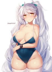Rule 34 | 1girl, alternate hairstyle, bad id, bad pixiv id, blue one-piece swimsuit, blush, breasts, clothes pull, competition school swimsuit, cowboy shot, jitome, kantai collection, large breasts, long hair, one-piece swimsuit, one-piece swimsuit pull, pokoten (pokoten718), school swimsuit, silver hair, simple background, skindentation, solo, standing, swimsuit, thighhighs, twintails, unryuu (kancolle), very long hair, white background, white thighhighs, yellow eyes